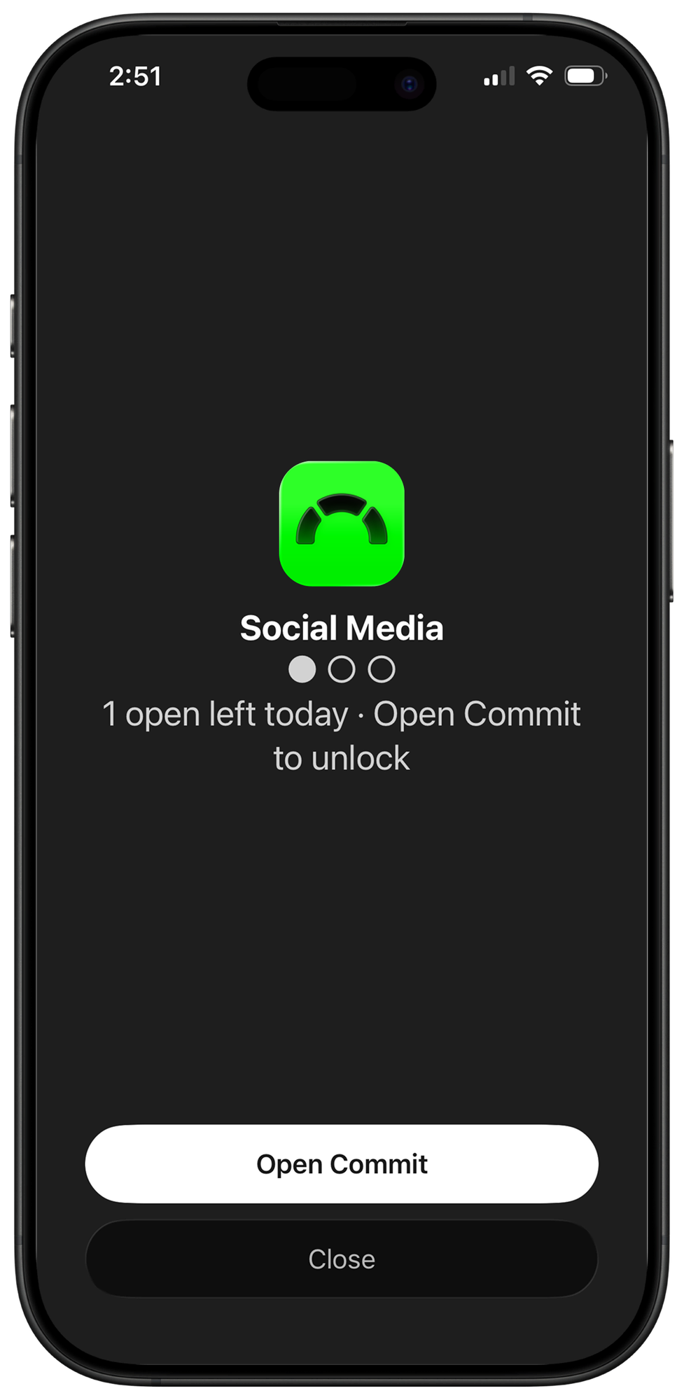 An iPhone showing Commit's block screen over Social Media: one open left today, with buttons to open Commit or close.